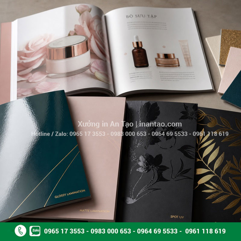 Chất liệu và gia công catalogue So sánh cán bóng cán mờ UV và ép kim khi in catalogue