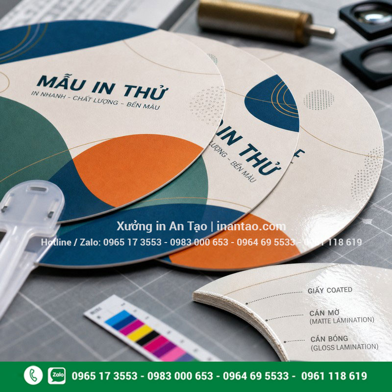 Chất liệu in và gia công quạt giấy cầm tay Cận cảnh chất liệu và gia công bề mặt quạt giấy