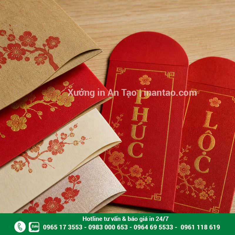 Chất liệu giấy in bao lì xì theo yêu cầu Các chất liệu giấy in bao lì xì gồm Couche Kraft Ivory và giấy ánh kim