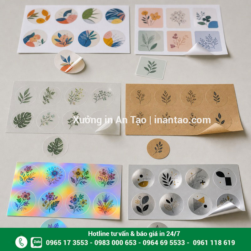 Các chất liệu in decal phổ biến So sánh chất liệu decal giấy, nhựa trong, kraft, bảy màu và xi bạc