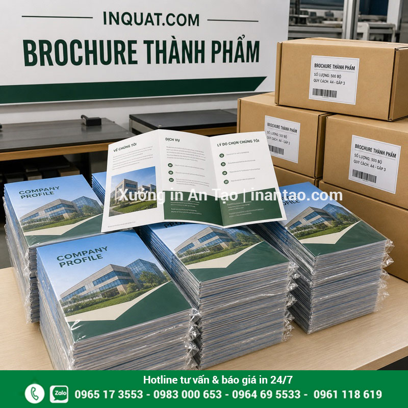 Đóng gói brochure thành phẩm trước khi giao Brochure thành phẩm được kiểm đếm đóng gói tại inquat.com
