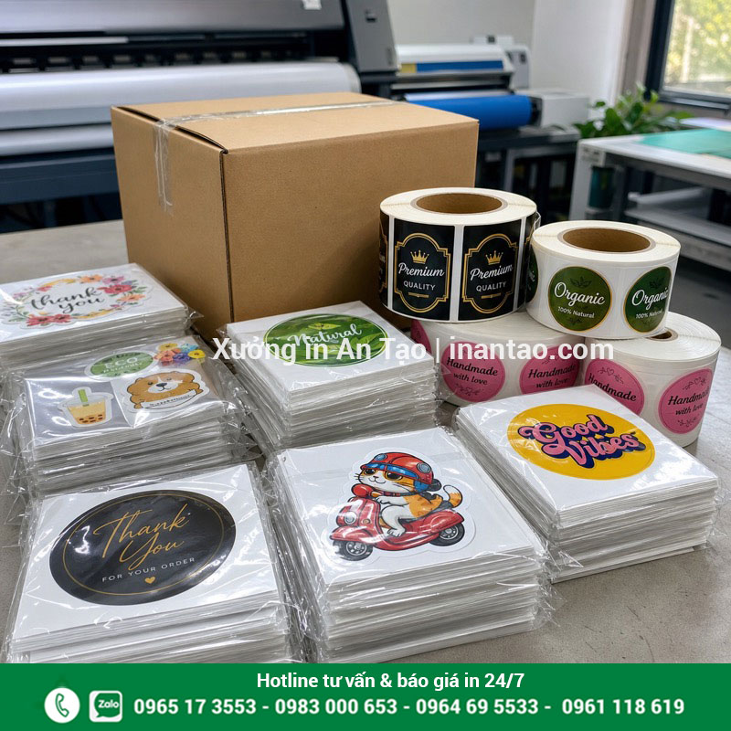 Đóng gói decal tem nhãn hoàn thiện Đơn in decal lấy liền được kiểm đếm và đóng gói tại xưởng