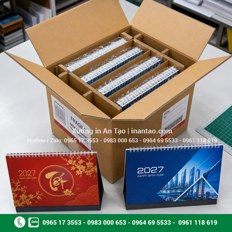 Lịch để bàn thành phẩm được đóng gói bảo vệ Đóng gói in lịch để bàn giao khách hàng