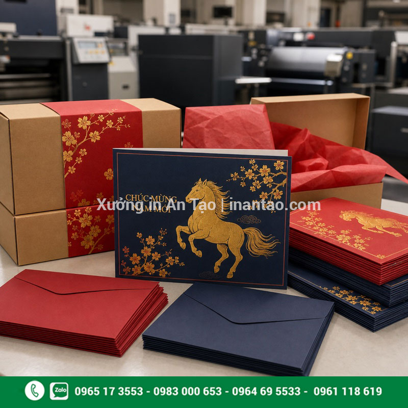 Đóng gói thành phẩm in thiệp Tết tại inquat.com Thành phẩm in thiệp Tết và bao thư được đóng hộp tại xưởng