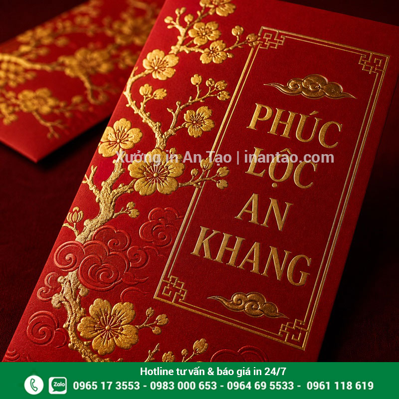 Gia công bao lì xì cao cấp sau in Mẫu in bao lì xì ép kim dập nổi và UV trên nền đỏ