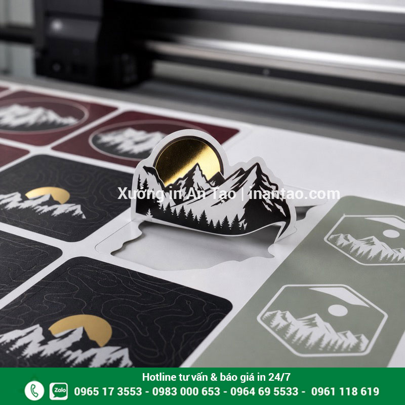 Gia công bế decal theo hình thiết kế Cận cảnh sticker bế theo đường viền và hoàn thiện bề mặt sắc nét
