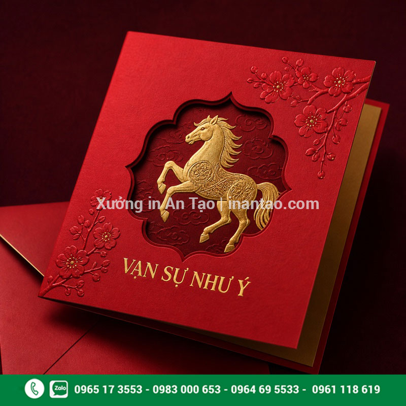 Gia công ép kim và dập nổi thiệp chúc Tết Thiệp chúc Tết đỏ ép kim vàng, dập nổi hoa mai và bế cửa sổ