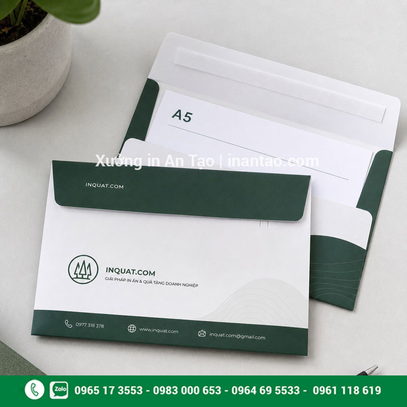 In bao thư A5 thiết kế đồng bộ thương hiệu Mẫu in bao thư A5 đựng tài liệu không cần gấp