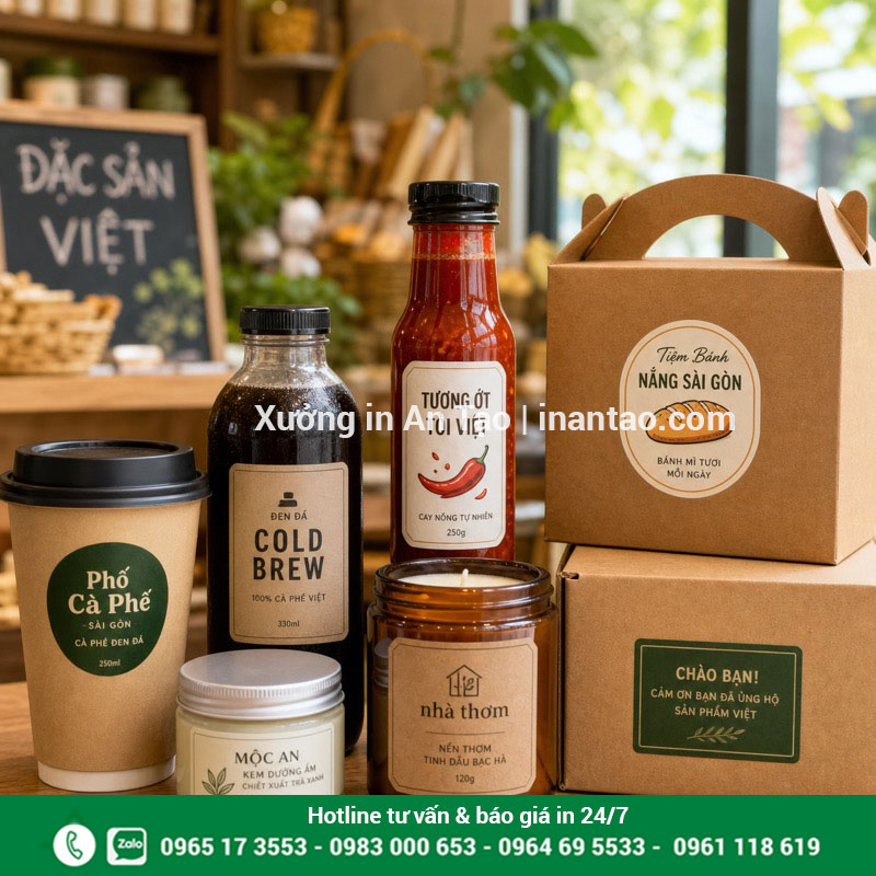 Ứng dụng in decal dán sản phẩm Decal tem nhãn dán trên ly cà phê, chai sốt, hũ mỹ phẩm và hộp bánh