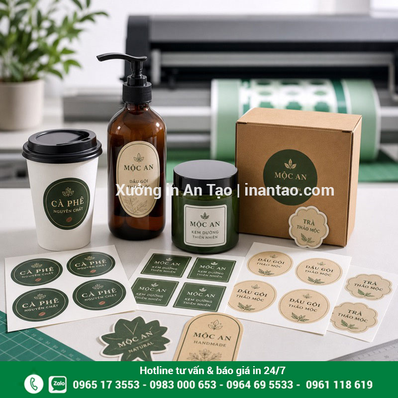 In decal theo yêu cầu tại xưởng inquat.com Mẫu in decal theo yêu cầu hoàn thiện trên chai lọ, ly và hộp giấy