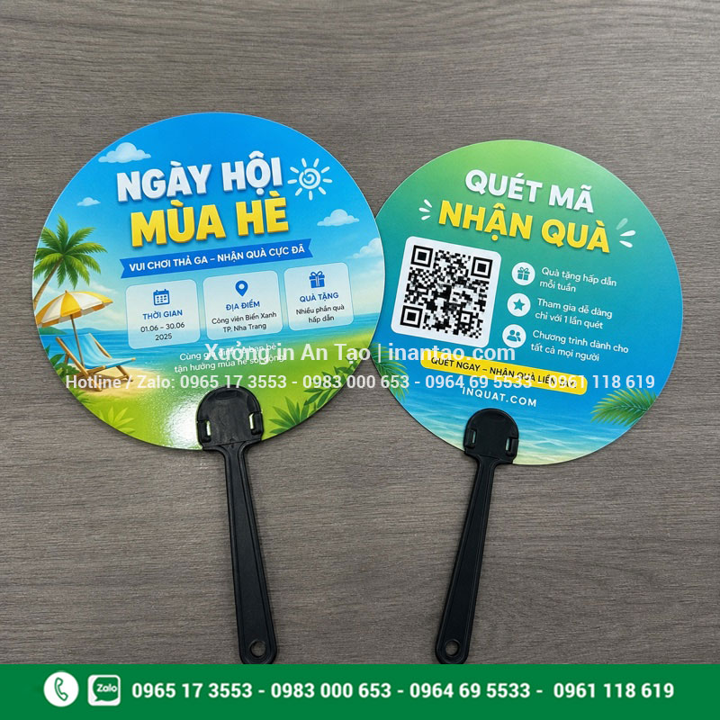 In quạt giấy hai mặt theo thiết kế thương hiệu Mẫu in quạt giấy hai mặt với logo mã QR và thông tin ưu đãi
