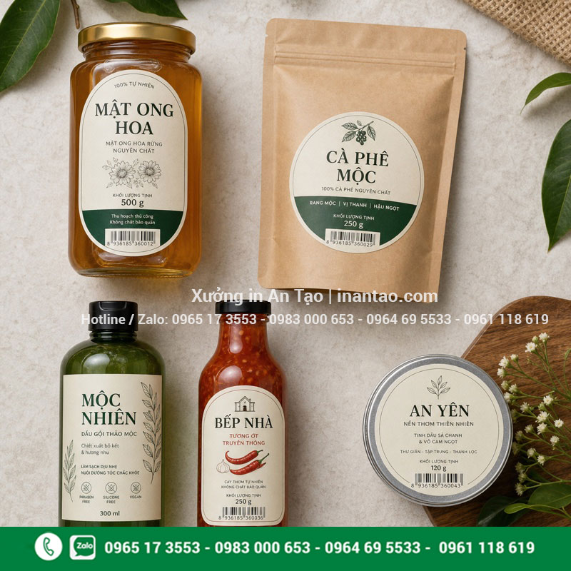Ứng dụng tem nhãn trên bao bì sản phẩm In tem nhãn cho chai lọ túi cà phê mật ong và mỹ phẩm