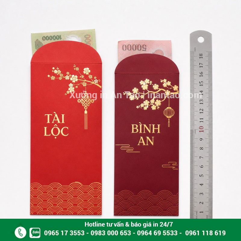 Kích thước in bao lì xì thông dụng So sánh kích thước in bao lì xì phổ biến 8 x 16 cm và 7,5 x 16 cm
