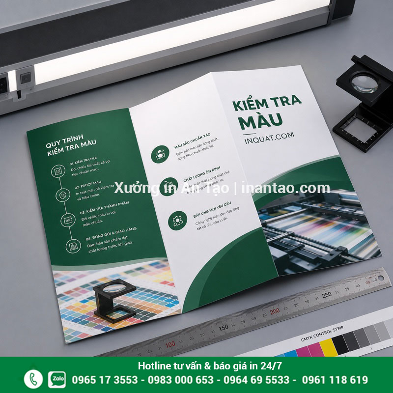Kiểm tra chất lượng sau khi in brochure Kiểm tra màu nếp gấp và kích thước brochure thành phẩm