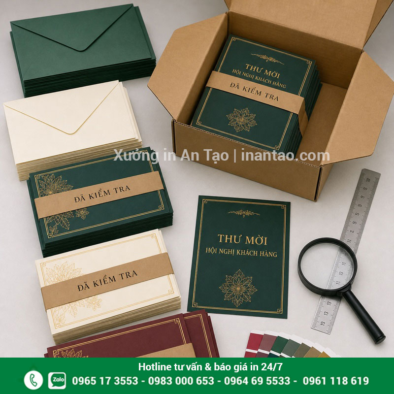 Kiểm tra thành phẩm in thiệp mời tại inquat.com Kiểm tra và đóng gói thiệp mời trước khi giao