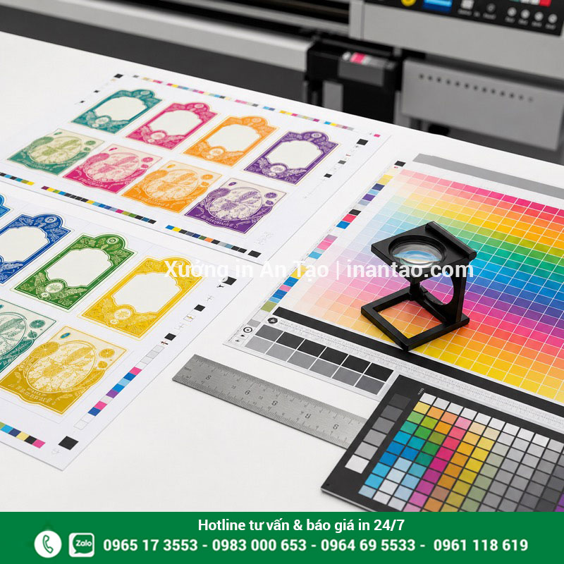 Kiểm tra chất lượng in decal trước gia công Kiểm tra màu CMYK, độ nét và đường cắt của bản in decal