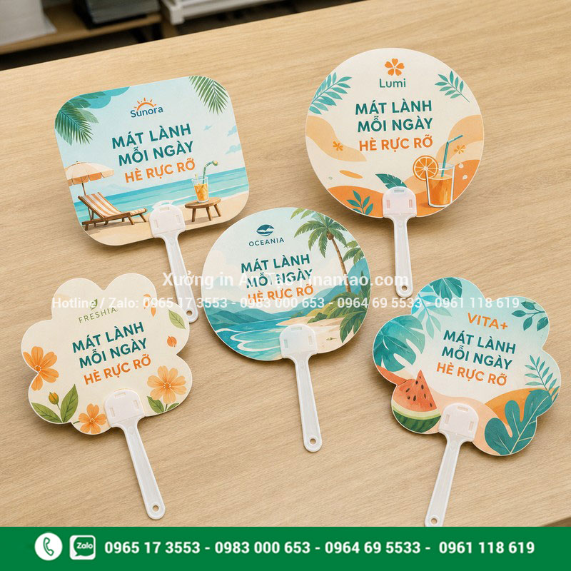 Quạt giấy in logo theo yêu cầu tại inquat.com Bộ quạt giấy in logo hoàn thiện với nhiều kiểu dáng quảng cáo