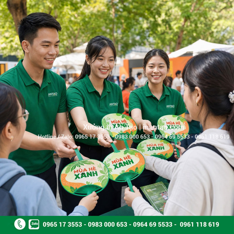 Quạt nhựa quảng cáo dùng trong sự kiện Nhân viên Việt Nam phát quạt nhựa quảng cáo tại sự kiện ngoài trời