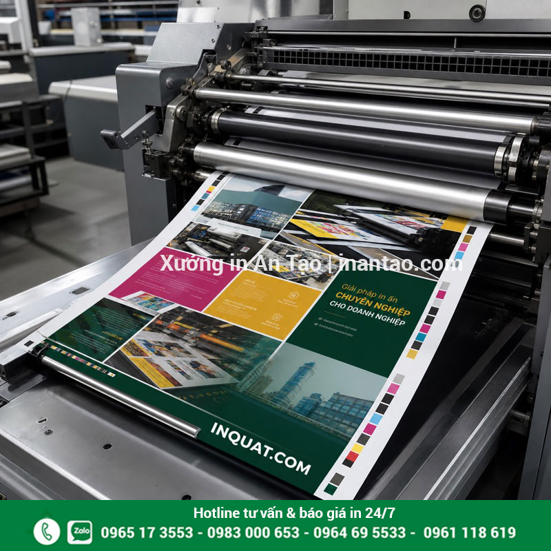 Quy trình in ấn brochure bằng công nghệ offset Máy offset đang in brochure nhiều màu tại xưởng