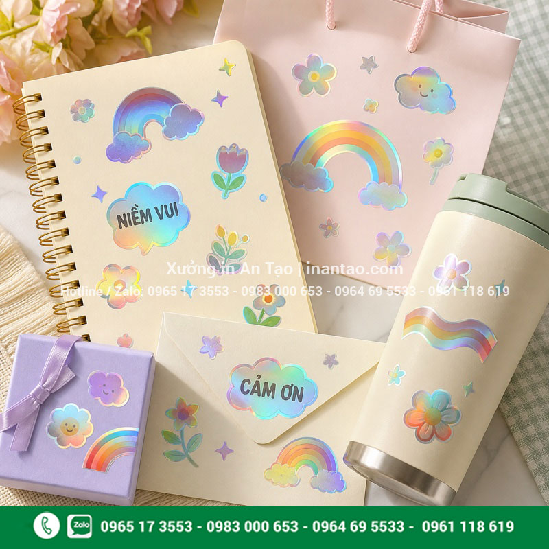 Ứng dụng sticker 7 màu trang trí quà tặng Sticker 7 màu trang trí sổ tay hộp quà và túi giấy
