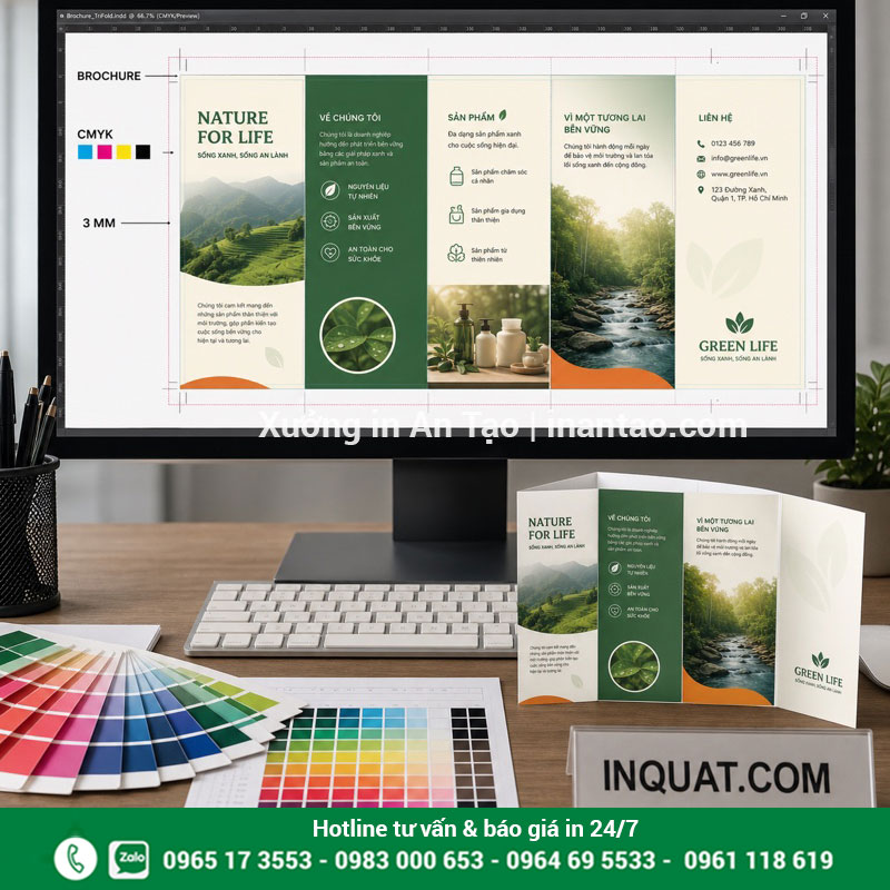 Thiết kế in ấn brochure đúng chuẩn kỹ thuật Thiết kế file in brochure hệ màu CMYK có tràn lề 3 mm