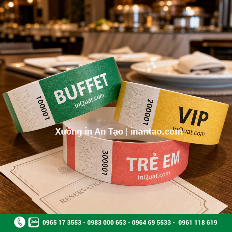 In vòng đeo tay cho buffet có màu phân loại Vòng đeo tay quản lý khách tham gia buffet theo nhóm