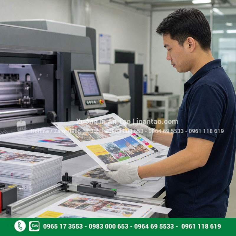 Xưởng in catalogue nhanh tại TP.HCM Kỹ thuật viên tại xưởng in catalogue kiểm tra tờ in màu