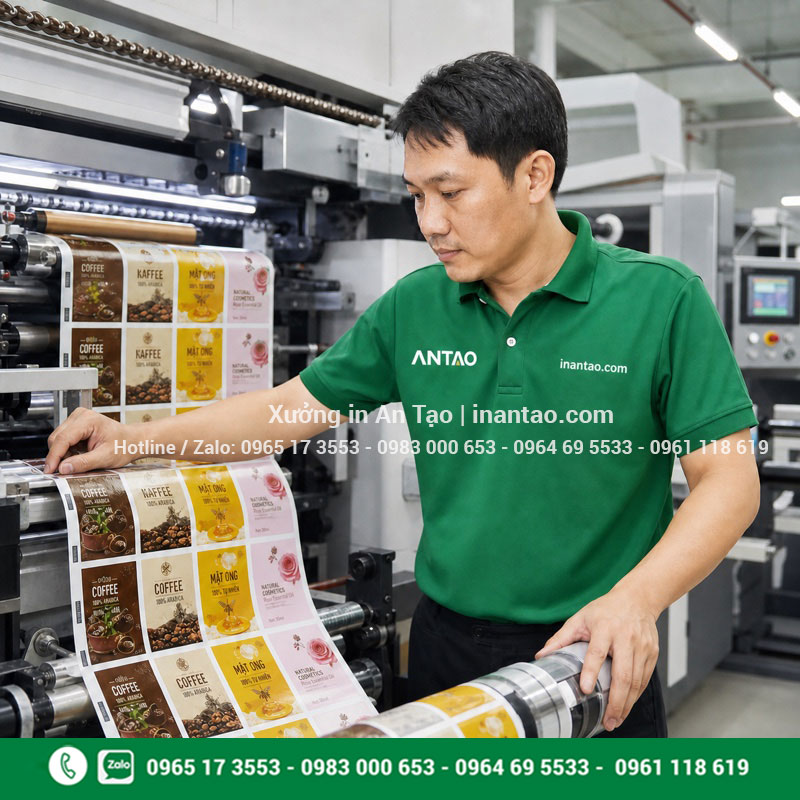 Quy trình in tem nhãn tại xưởng inquat.com Kỹ thuật viên Việt Nam vận hành máy in tem nhãn tại xưởng