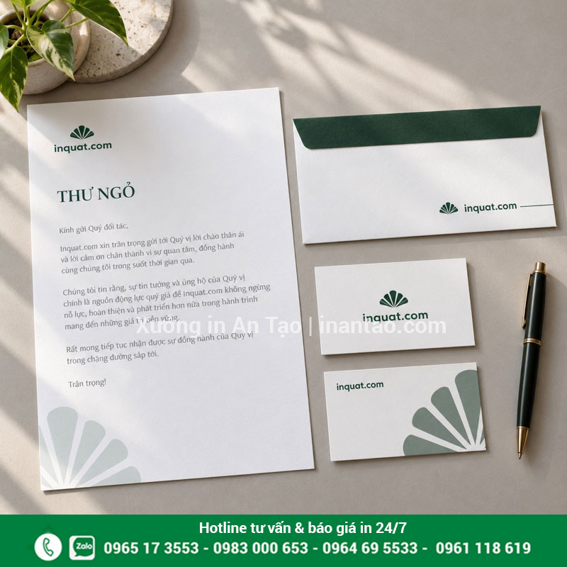 Bộ ấn phẩm văn phòng đồng bộ thương hiệu Bộ tiêu đề thư, phong bì và danh thiếp phối màu xanh đồng bộ
