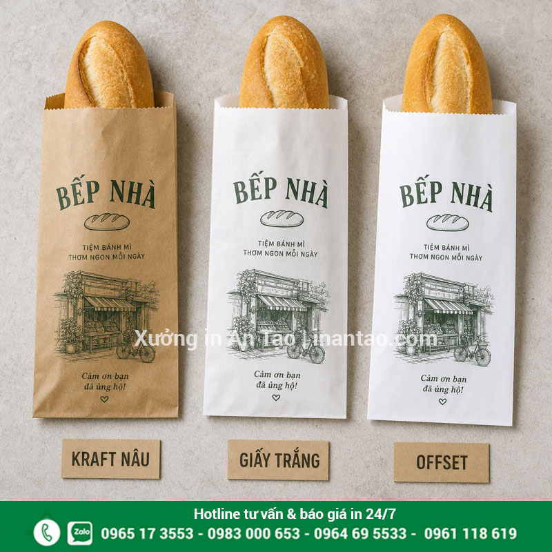 Chất liệu in túi giấy bánh mì tại inquat.com So sánh chất liệu Kraft nâu, giấy trắng và Offset để in túi giấy bánh mì