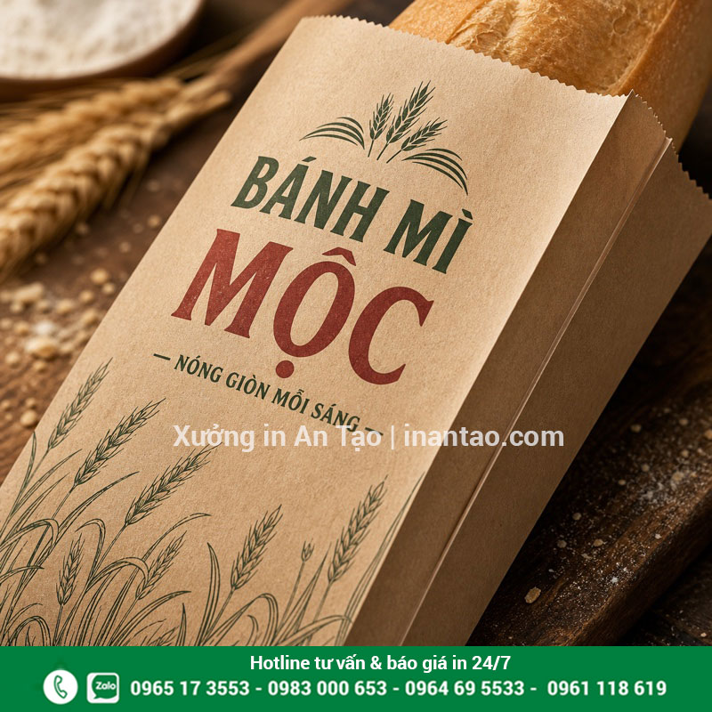 Chi tiết in bao bánh mì sắc nét trên giấy Kraft Cận cảnh chất lượng in bao bánh mì hai màu trên giấy kraft