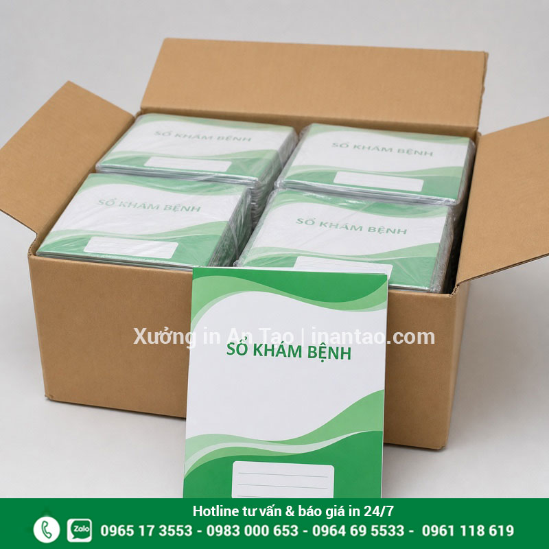 Sổ khám bệnh được đóng gói trước khi giao hàng Đóng gói giao sổ khám bệnh thành phẩm