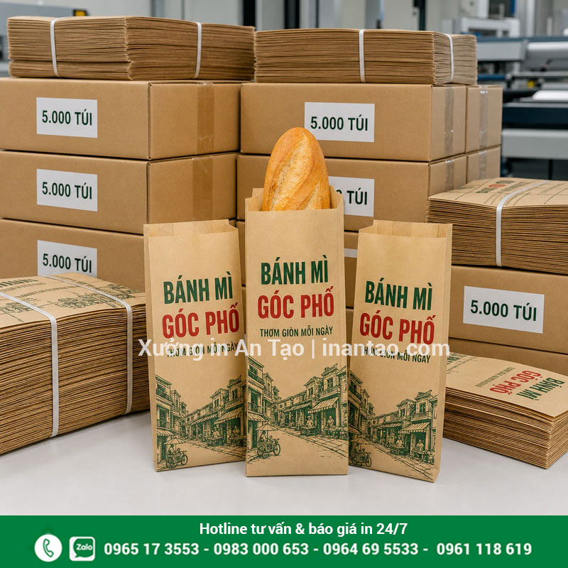 Đóng gói túi giấy bánh mì thành phẩm tại inquat.com Túi giấy bánh mì thành phẩm được kiểm tra và đóng gói theo số lượng