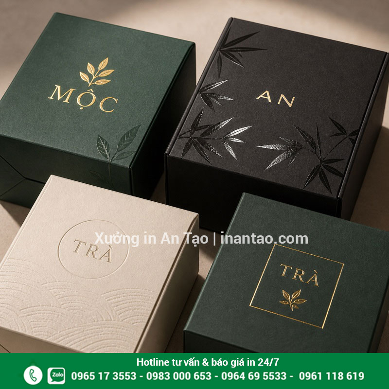 Gia công sau in cho hộp giấy đẹp Hộp giấy ép kim, phủ UV và dập nổi cao cấp