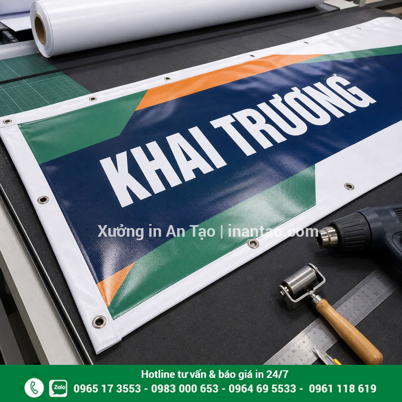 Gia công khoen và viền banner hoàn thiện Gia công gấp viền đóng khoen sau khi in banner