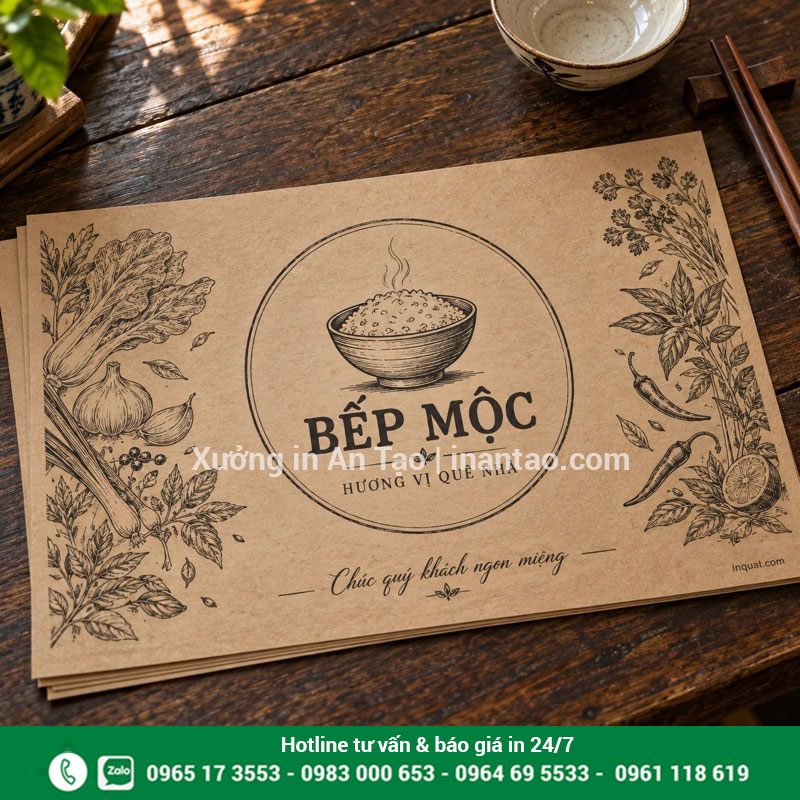 Thiết kế giấy lót bàn kraft in một màu Giấy lót bàn ăn kraft màu nâu in biểu tượng bát cơm và họa tiết rau củ