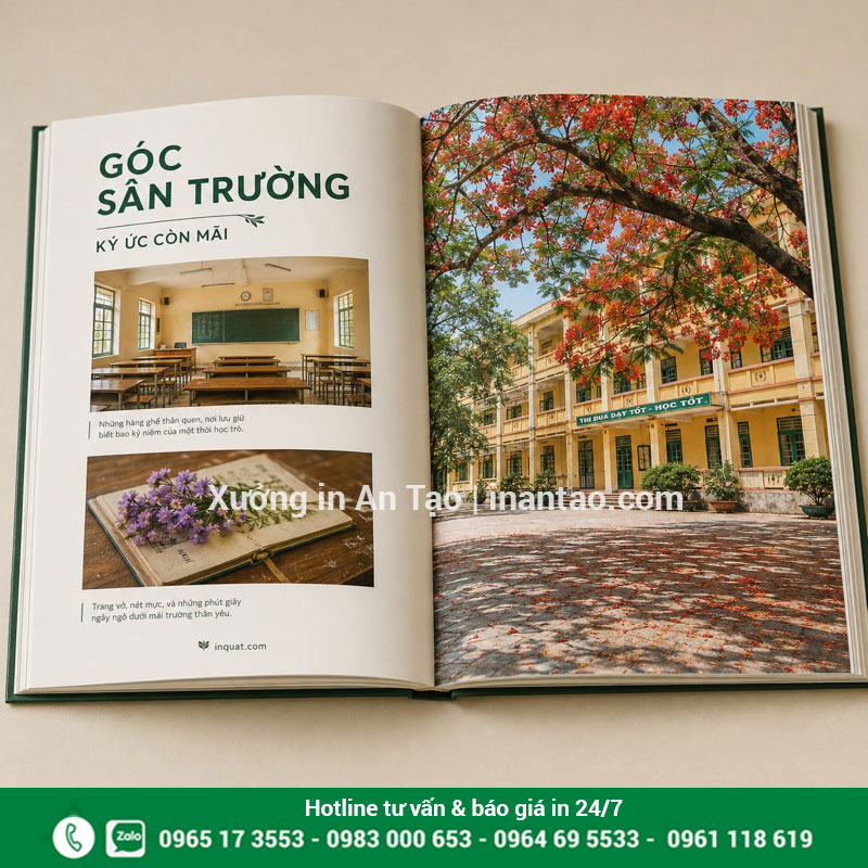 Bố cục in ảnh kỷ yếu trên trang đôi Trang đôi kỷ yếu in ảnh sân trường và lớp học với tông xanh lá