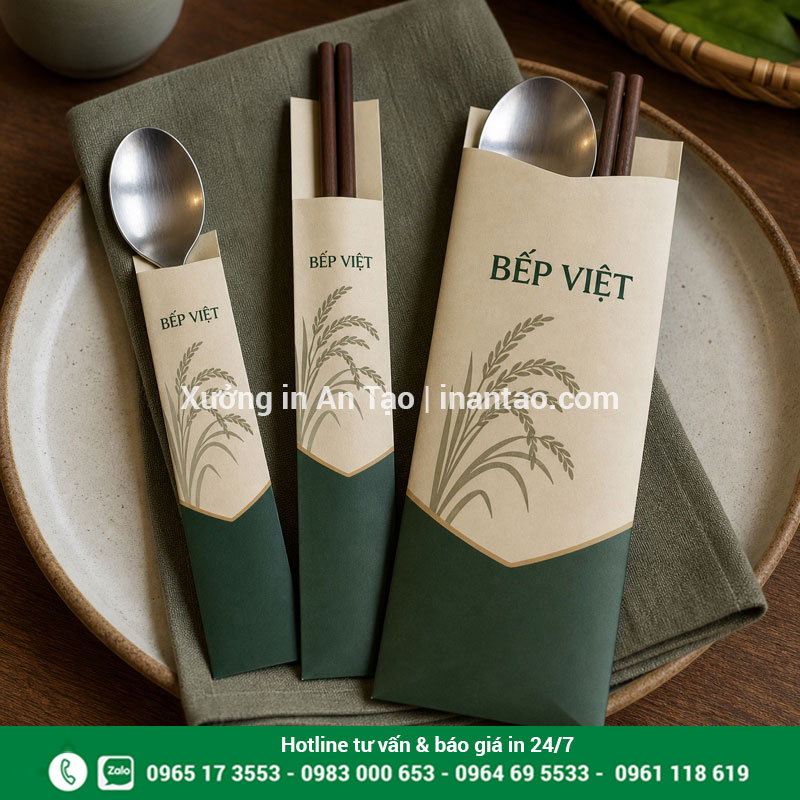 In bao muỗng và bao đũa đồng bộ nhận diện Mẫu in bao muỗng, bao đũa và bao kết hợp cho nhà hàng