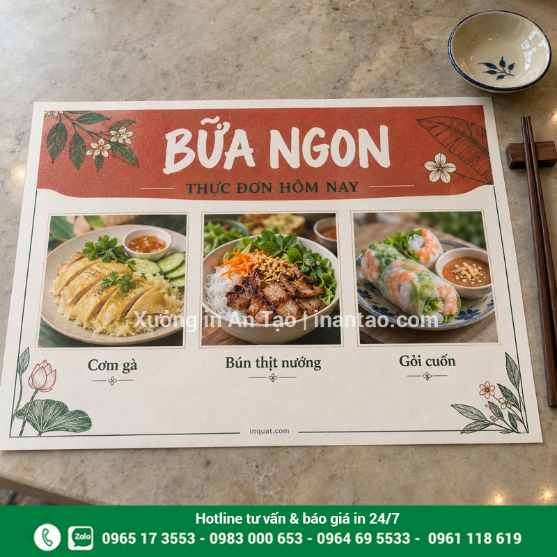 Giấy lót bàn in màu kết hợp thực đơn Mẫu giấy lót bàn ăn in màu kèm hình món ăn và thực đơn ngắn