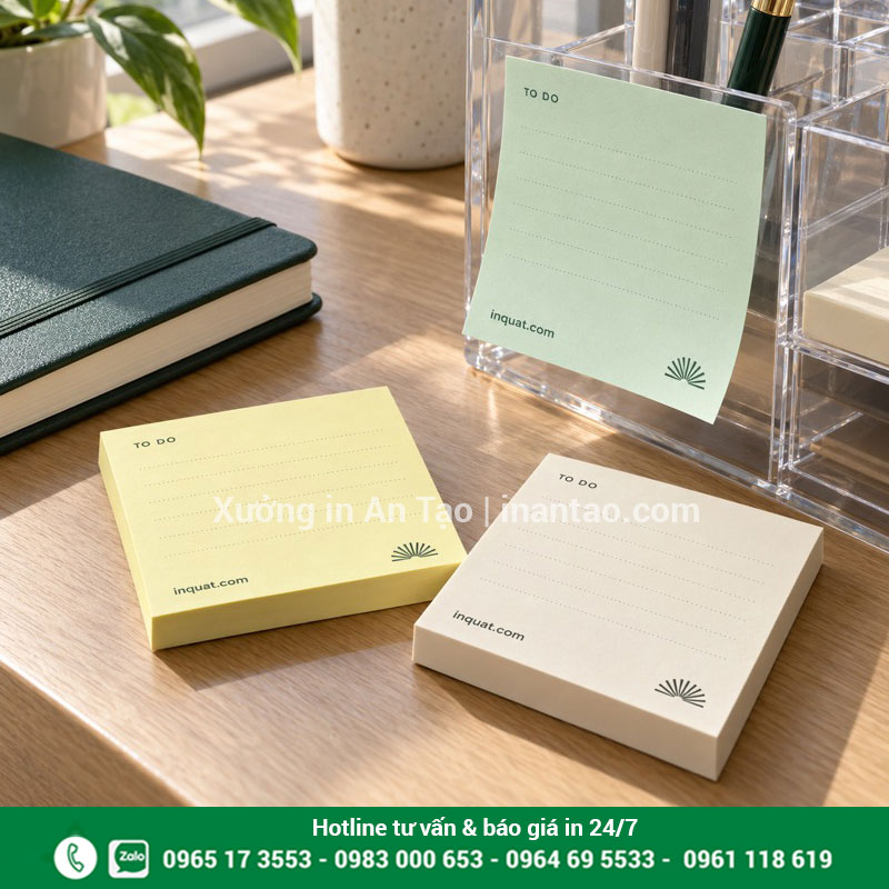 In giấy note theo yêu cầu dạng có keo dán Giấy note màu nhạt in inquat.com và một tờ dán trên hộp bút