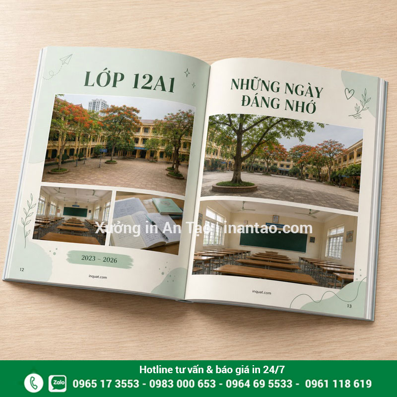 Thiết kế trang ruột kỷ yếu lớp Trang ruột kỷ yếu lớp 12A1 với ảnh sân trường và bố cục xanh kem