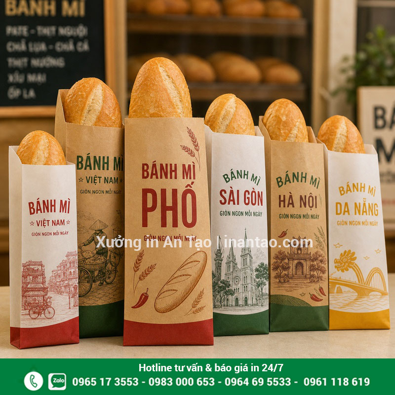 In túi bánh mì theo thiết kế riêng tại inquat.com Mẫu in túi bánh mì bằng giấy kraft và giấy trắng đã hoàn thiện