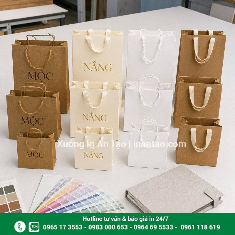 In túi giấy số lượng ít theo bộ màu thương hiệu Bộ mẫu in túi giấy số lượng ít TPHCM nhiều kích thước