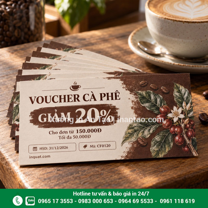 Mẫu voucher giảm giá cà phê có điều kiện rõ ràng Bộ voucher cà phê giảm 20 phần trăm với điều kiện đơn hàng và mức giảm tối đa