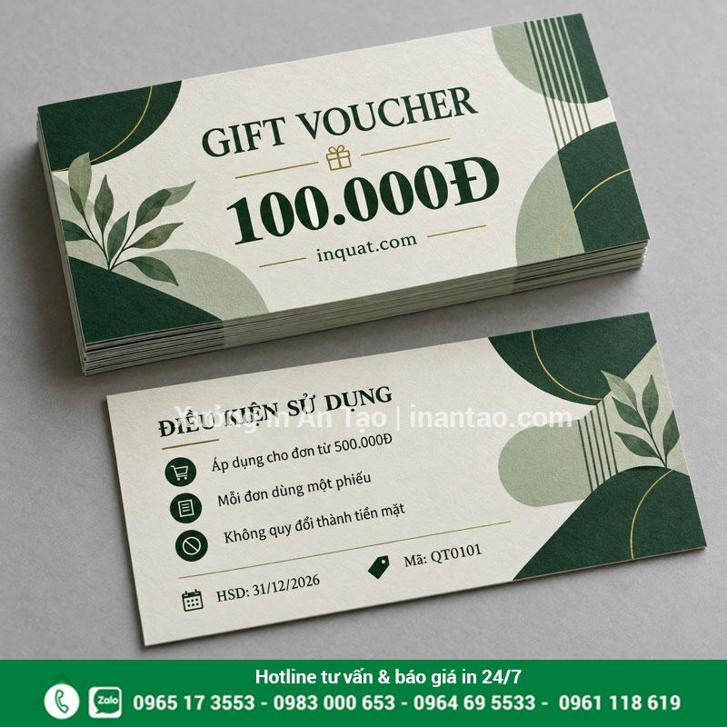 Bố trí hai mặt voucher và mã quản lý Voucher hai mặt màu xanh kem có mệnh giá, mã phiếu và điều kiện sử dụng