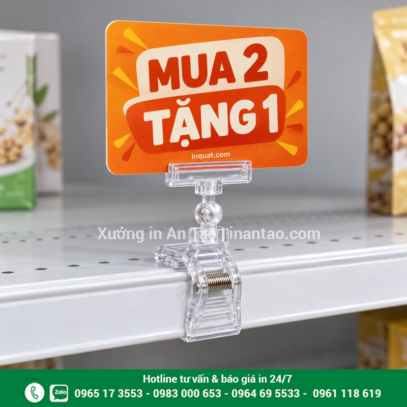 Kẹp wobbler cho bảng khuyến mãi Kẹp wobbler nhựa trong giữ bảng mua hai tặng một ở mép kệ
