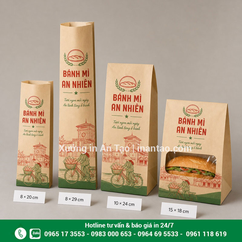 Kích thước túi giấy đựng bánh mì phổ biến Các kích thước túi giấy đựng bánh mì dài, ngắn, xếp hông và có cửa sổ