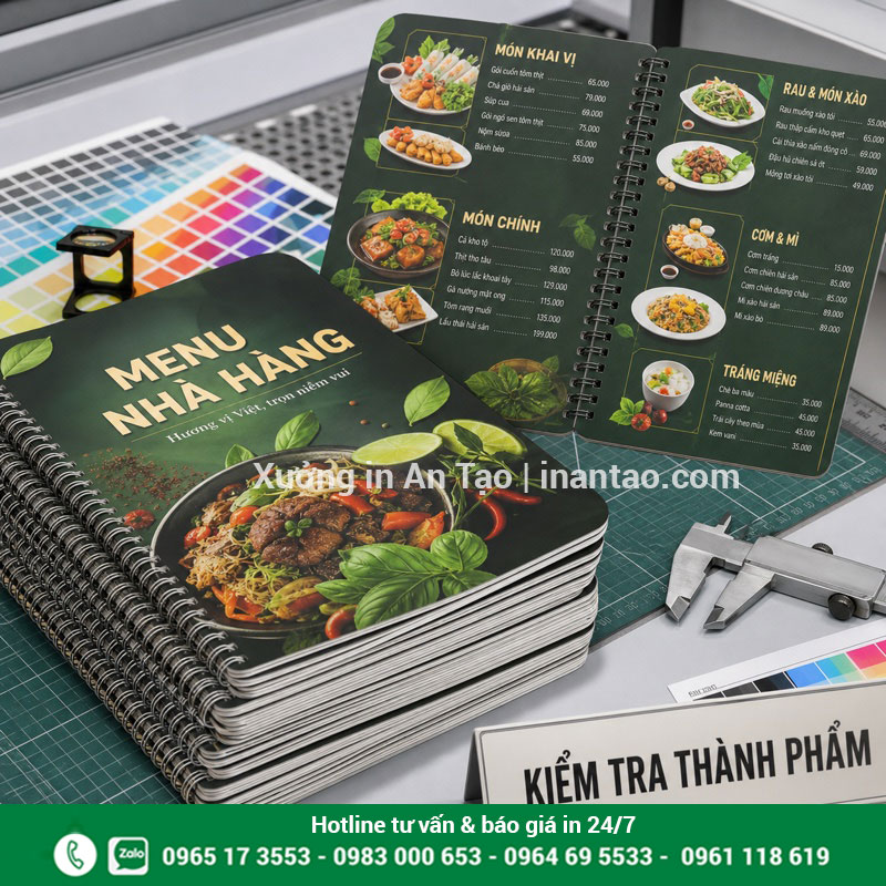 Kiểm tra menu nhựa thành phẩm trước khi giao khách Kiểm tra chất lượng menu nhựa sau in tại xưởng