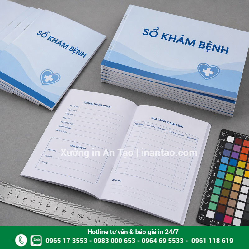 Kiểm tra màu, kích thước và đóng kim sổ khám bệnh Kiểm tra chất lượng sổ khám bệnh thành phẩm