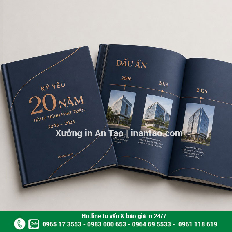 Mẫu kỷ yếu doanh nghiệp kỷ niệm thành lập Mẫu kỷ yếu công ty kỷ niệm 20 năm với bìa xanh đậm và dòng thời gian